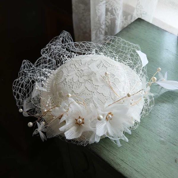 

stingy brim hats french retro elegant gauze flower billycock studio wedding modeling formal dress mori series trip shoot ins headdress1, Blue;gray