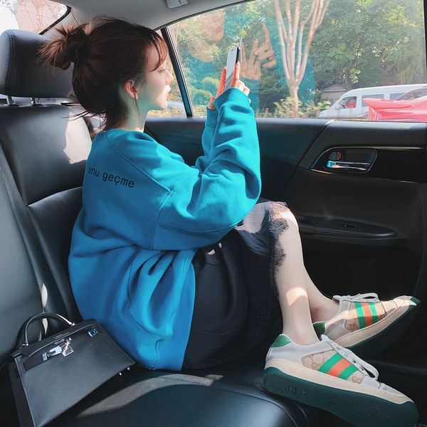 

autumn and winter new style outer letter sweater t-shirt lazy wind long sleeve show thin women's net red ins super fire base coat