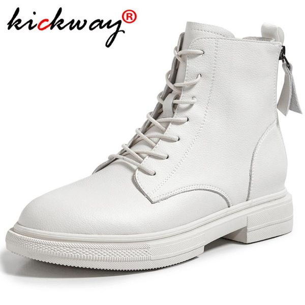

kickway genuine leather flat ankle boots for women lace up ankle boots comfrotable womens flat casual shoes black white 34-40