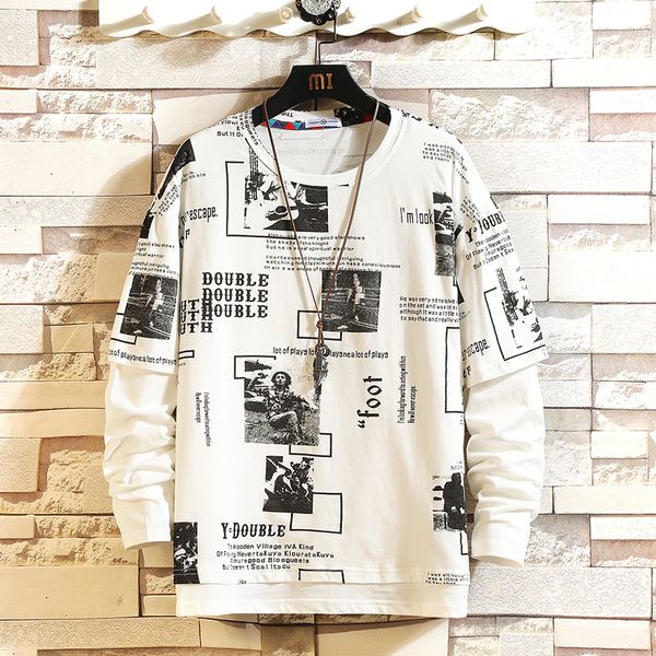 

2021 new autumn spring fashion oversize white black tshirt male long sleeve neck shirt for man t huc1