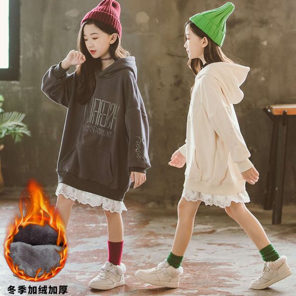 

girls' autumn and plush sweater 2020 new children's thickened korean long skirt hoodie winter wear, Black