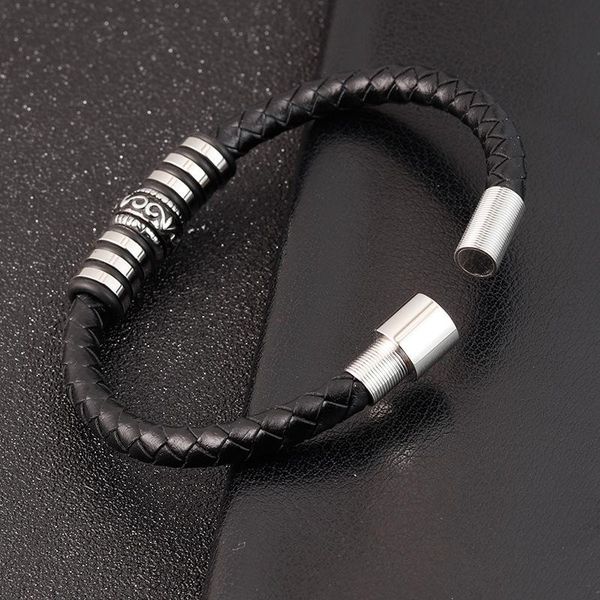 

link, chain lamemdee fashion multilayer leather bracelet for men jewelry punk stainless steel bangle magnetic buckle black gold color