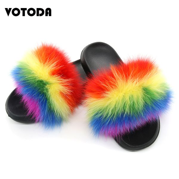 

women fur slippers fox fur slides fox hair flip flops fluffy flat furry house slipper woman fur sandals 2019 brand luxury shoes x1020, Black
