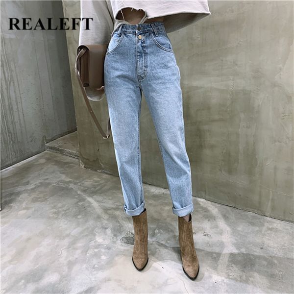 

realeft new 2020 summer vintage high waist straight women's jeans pants streetwear loose buttons zipper female denim jeans lj201029, Blue