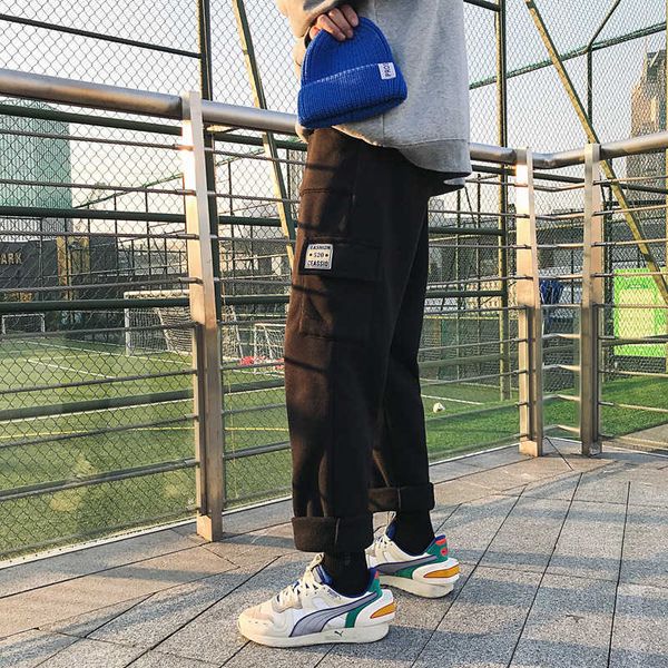 

new straight tube plush casual men's brand versatile loose autumn and winter fashion youth sports wide leg pants, Black