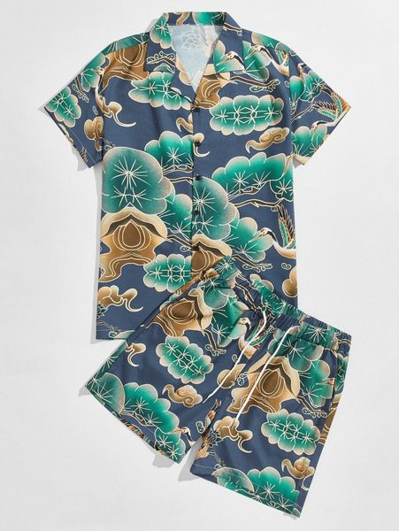 

men crane print shirt with shorts h63o#, Gray