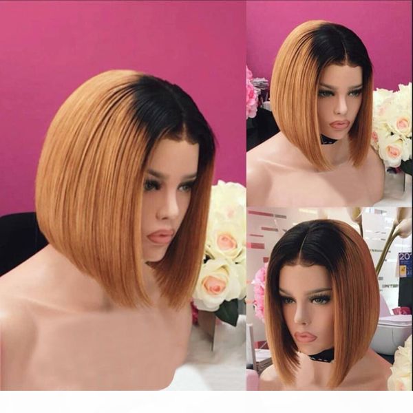 

1b 27 ombre straight боб парики бразильский remy pre щипковых человеческих волос парики 130% плотность шнурка фронтальная парики фронта шнур, Black;brown