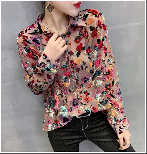 

floral velvet shirts women long sleeve hollow out velvet femme lady leopard blouses shirts drop shipping, White