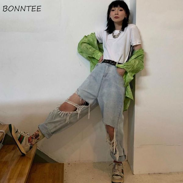 

women jeans straight trousers hole ripped hip-hop womens all-match loose high waist leisure trendy street-wear harajuku stylish, Blue