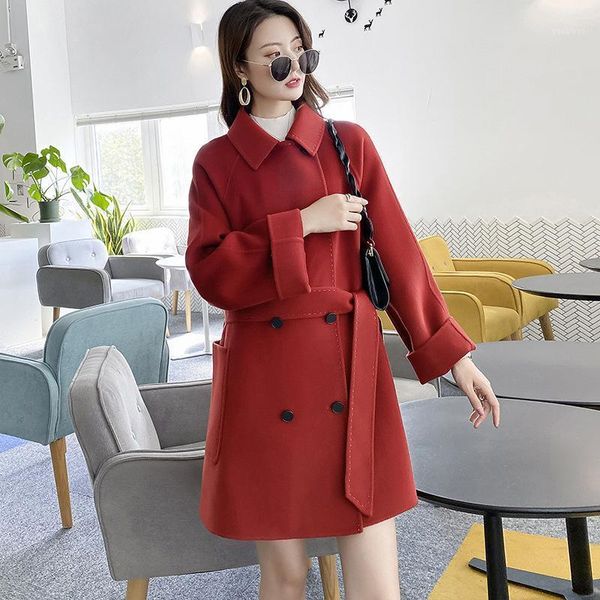 

cashmere overcoat women's fashion autumn and winter lace up korean suit collar hepburn windbreaker woollen overcoat1, Black