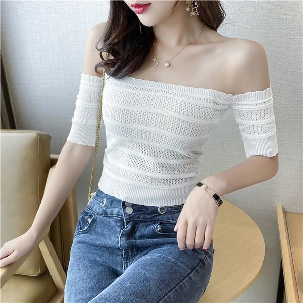 

slash neck cropped t-shirt new female short sleeve hollow out tshirts crop for woman summer1, White