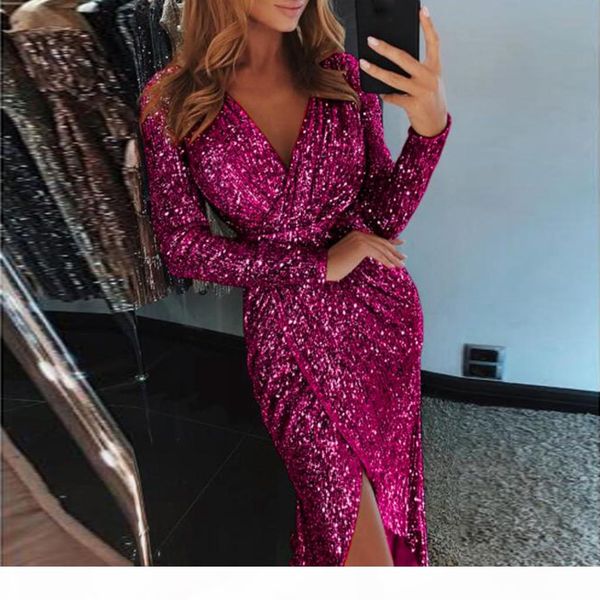 

new trendy women dress deep v-neck sequins wrap ruched long sleeve nightclub dresses plus size vestidos femininos party @35, Black;gray