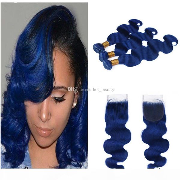 

blue human hair bundles with lace closure virgin brazilian human hair extensions dark blue hair body wave wavy with lace closure, Black