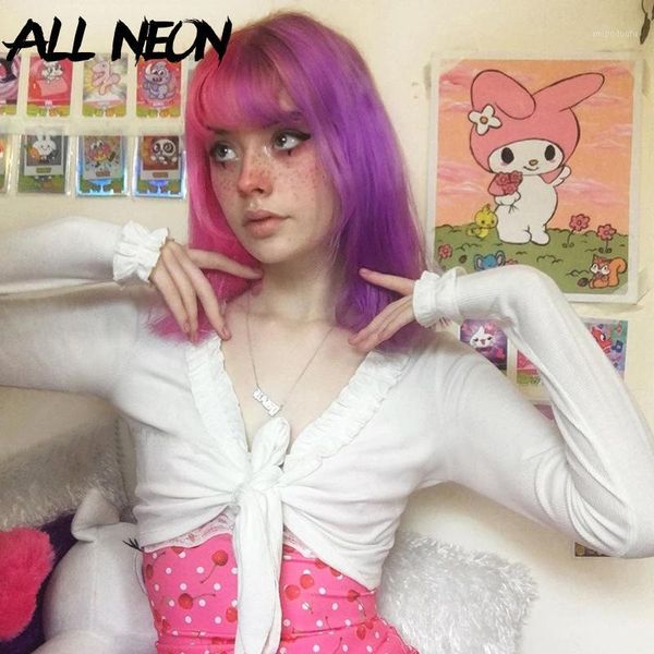 

allneon sweet v-neck ruffle lace up ribbed cropped solid butterfly sleeve bandage white t-shirts vintage e-girl outfits1