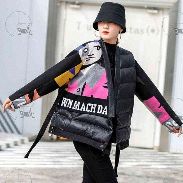 

[ewq] panelled print cotton padded coats autumn army green overcoats jackets thickened cartoon keeps warm queen clothing 211221, Black