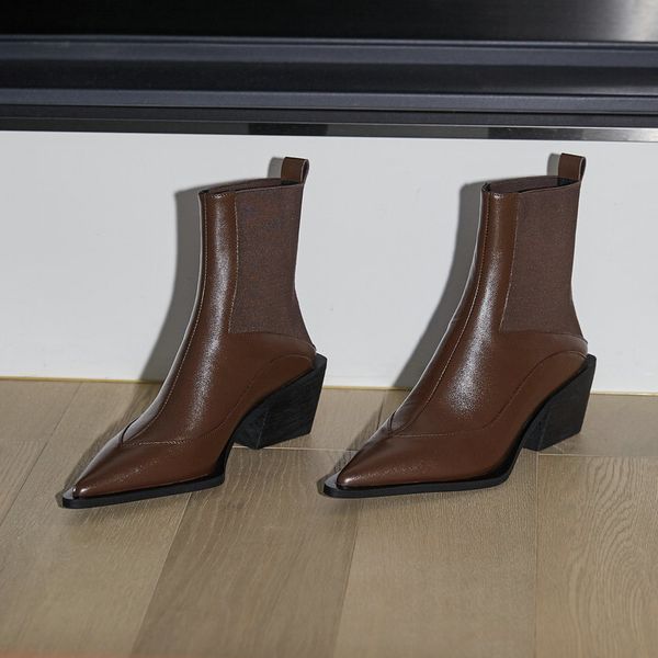 

2021 new pointed toe fashion ankle cow leather cloth slip on women shoes square high heel short boots size 34-39 kyoq, Black