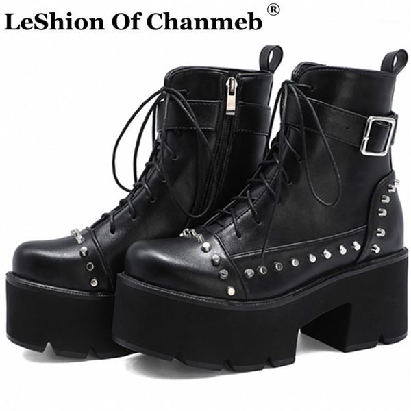 

boots steam punk rock rivets studded women chunky heels thick platforms motorcycle lady female lace up buckle booties shoe1, Black