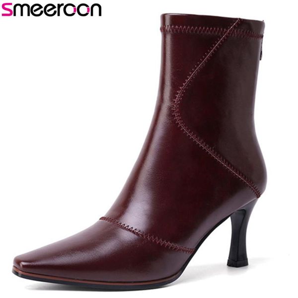 

smeeroon 2020 new fashion slim elastic boots women pointed toe zip simple thin high heel party shoes ladies ankle boots, Black