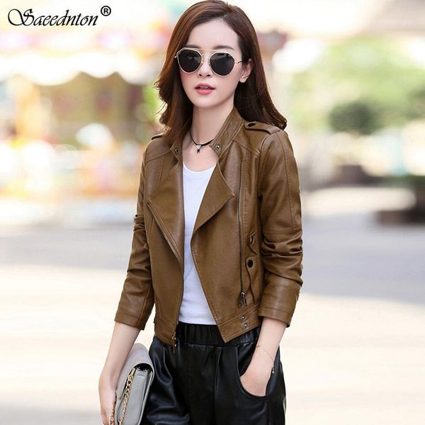 

2020 new leather biker jacket for women long sleeve leather jacket women soft moto motorcycle faux pu 1, Black