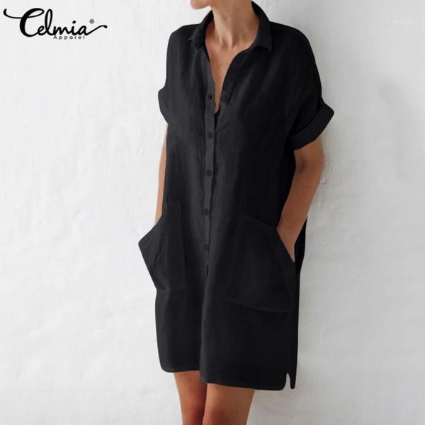 

vintage linen dress celmia women lapel short sleeve summer sundress ladies casual pockets loose party mini vestidos plus size1, White;black