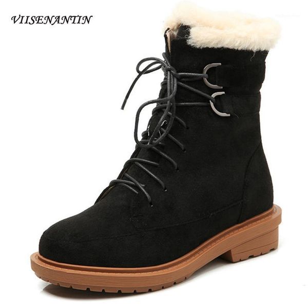 

boots frosted suede snow women's mid-tube 2021 winter plus velvet cotton shoes round toe thick heel lace-up boots1, Black