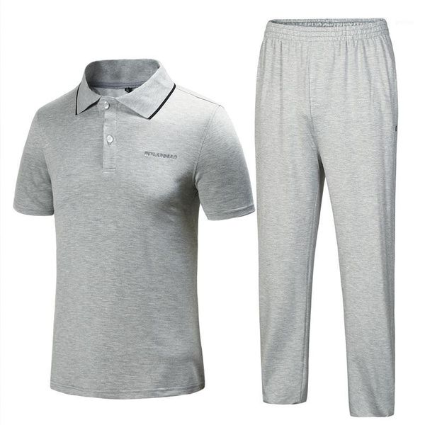 

casual large size men's sportswear suit summer thin section quality pants short sleeve lapel cotton t-shirt daddy two-piece suit1, Gray