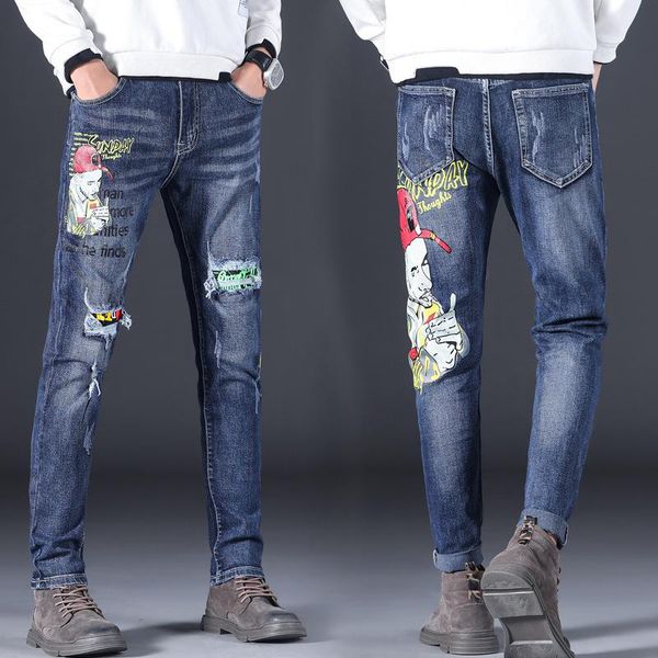 

men's jeans 2021 logo embroidery male printing hole blue foot patch of cultivate morality leisure trousers