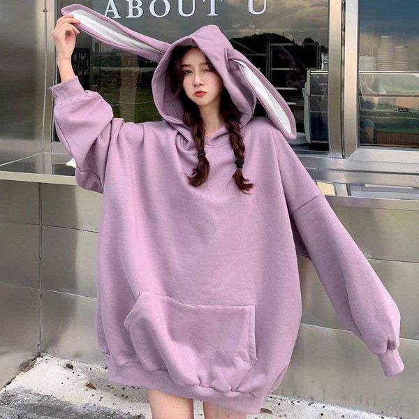 

women's hoodies & sweatshirts hooded women autumn pure color korean version loose mid-length plus velvet sweater tide cotton ears cute, Black