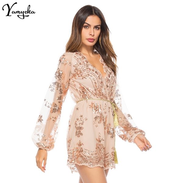 

summer bodysuit women v neck sequins jumpsuit mesh full sleeve clubwear gold black party romper playsuit overalls y200904, Black;white