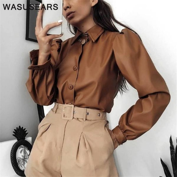 

faux leather shirt women vintage turn down collar shirt casual womens puff sleeve blouse button up autumn winter streetwear 2020, White