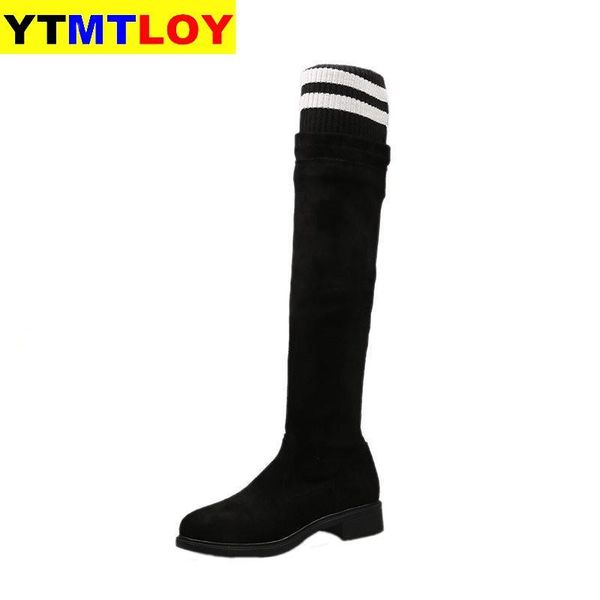 

striped stretch socks boots student winter flat heel knitted knee-high slim warm long tube woman 35-40 cozy, Black