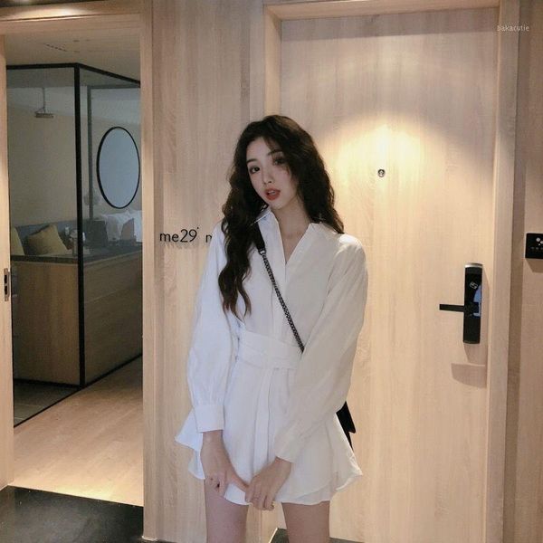 

women white long shirts shorts two piece sets lantern sleeve belt blouse + mini pant suits summer fashion clothing casual set1