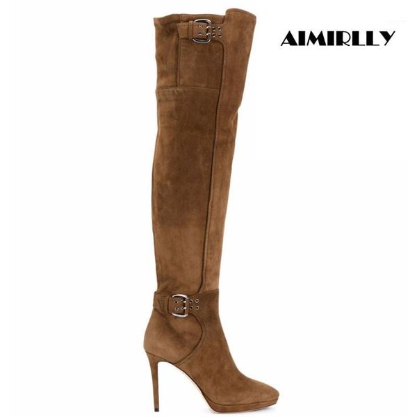 

women's boots round toe over the knee boots stilettos ankle buckle & zip brown faux suede ladies winter thigh heels shoes1, Black