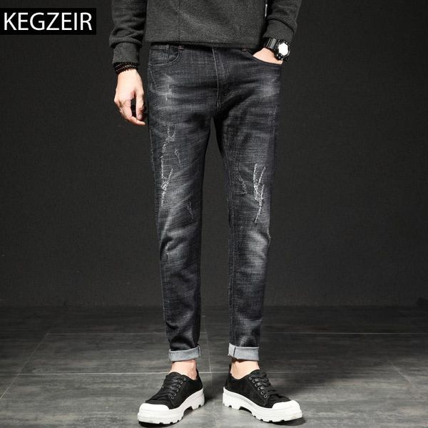 

men's jeans kegzeir 2021 classic men fashion casual slim fit denim trousers brand stretch black for jean hombr, Blue