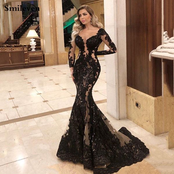 

smileven mermaid formal evening dress long sleeve black long prom party gowns custom made