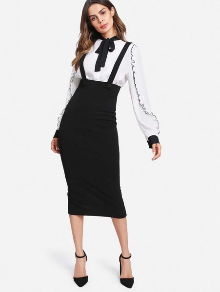 

slit back pencil skirt with strap j45t#, Black