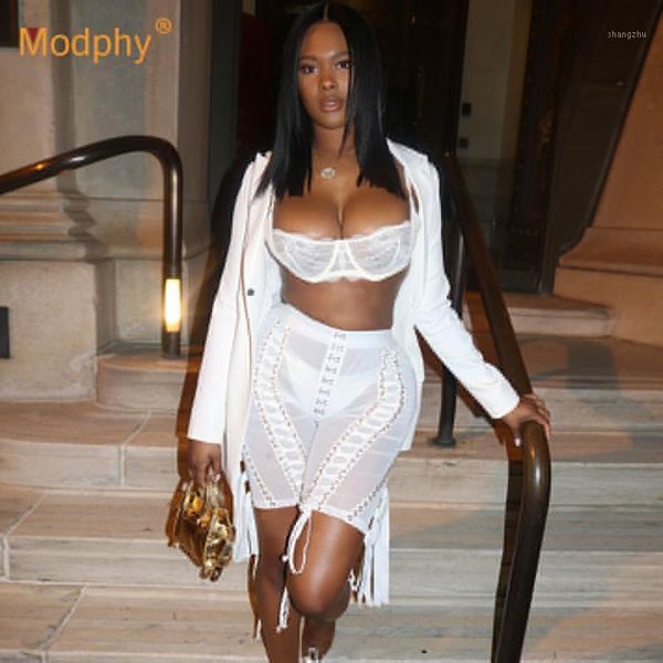 

2019 new women's pants set long sleeve cutout jacket and perspective five pieces pants 2 two piece club celebrity party set1, White