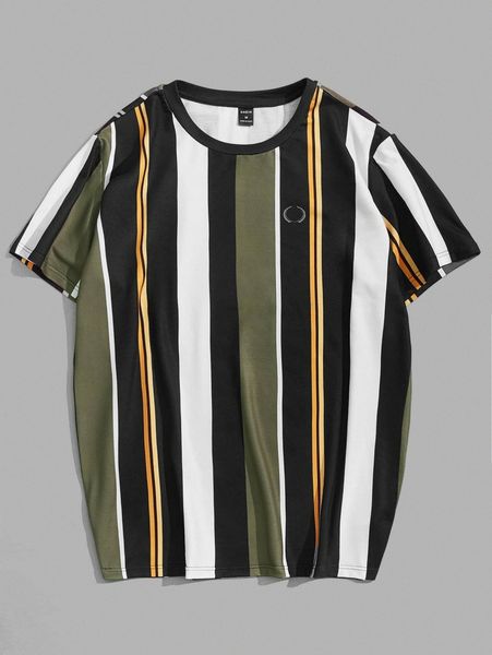 

men striped print round neck t-shirt u6mn#, White;black