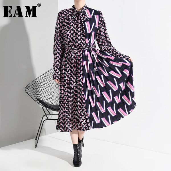 

eam] women pattern print split midi dress new bow collar neck long sleeve loose fit fashion tide spring autumn 2020 a8721, Black;gray