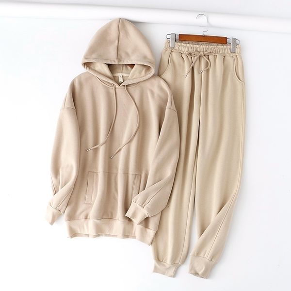 

hoodie 2 pcs set women sweatshirt autumn solid oversized set casual long sleeve fleece long pants tracksuit suit outfits 201126, Black