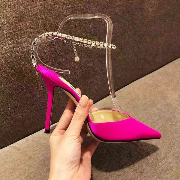 

high heels 2022 summer chain pointed black thin heel baotou sandals