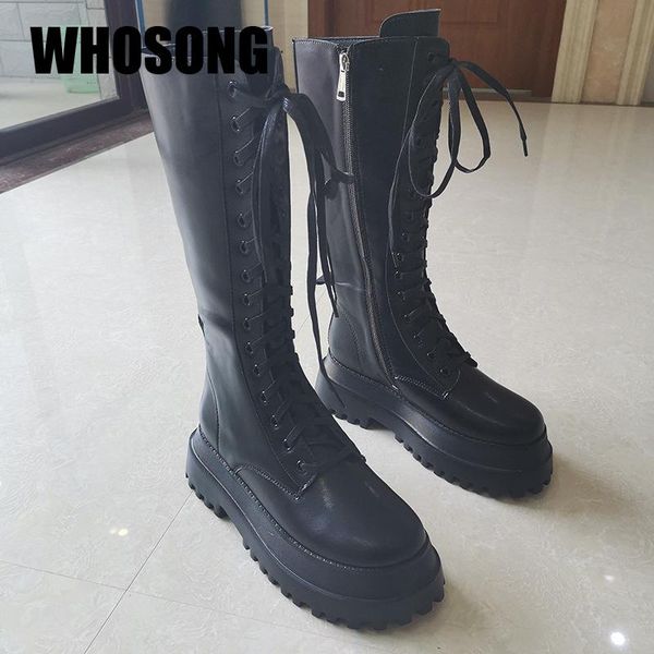 

женщины boots девушки knee high botas женщина платформа flats женская обувь женский марка мотоцикла boots black толстым дном обувь новые