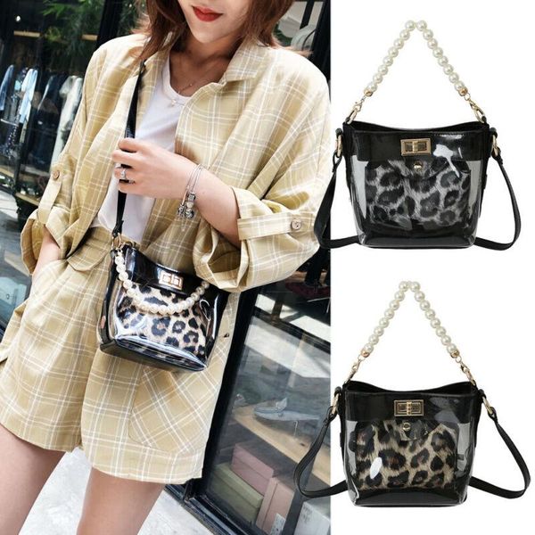 

2019 brand new women transparent pvc clear pearl jelly bag tote summer leopard fashion handbag messenger bag h wmtbki