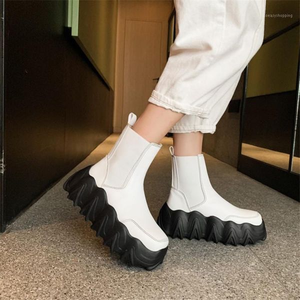 

winter boots women 2021 genuine leather round toe flat with high(5cm-8cm) elastic band outdoor boots platform shoes item no.m9151, Black