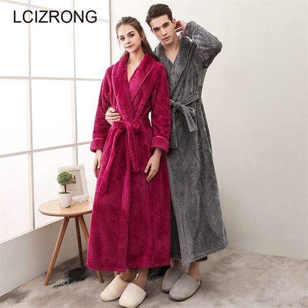 

winter couple thick long bathrobes women plus size flannel ankle-length dressing gown warm soft lounge robe 210203, Black;red