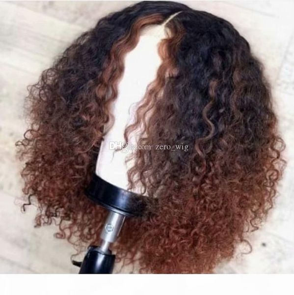 

ombre #1bt30 full lace human hair wigs curly peruvian remy hair wig 180% density two tone dark brown color with baby hair, Black;brown
