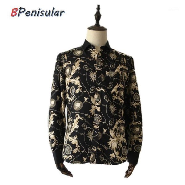 

casual shirts men korean chain floral printed single breasted black slim long sleeve smart casual shirt for men dress shirts1, White;black