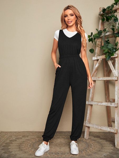 

emery rose slant pocket open back jumpsuit without tee e89p#, White