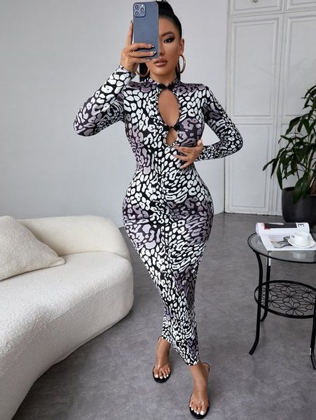 

sxy leopard print cut out frog button slit back bodycon dress she, Black;gray