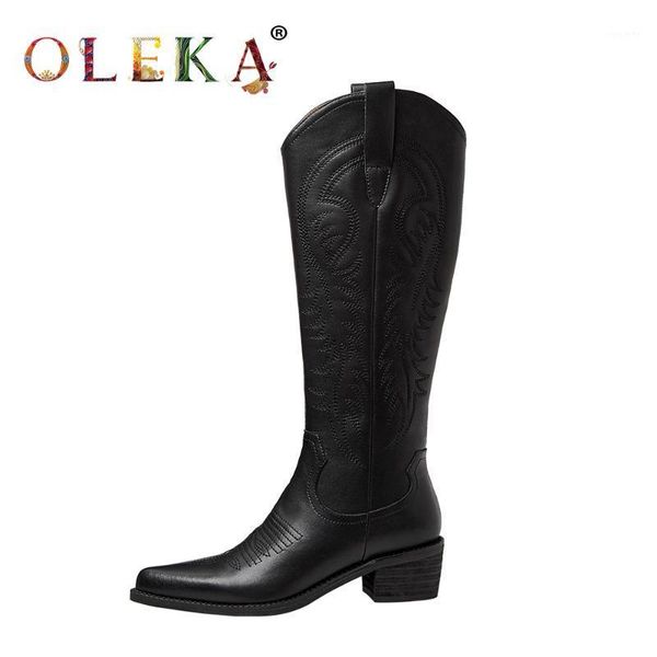 

oleka leather knee-high winter ladies boots square heel totem pointed toe fur boots office lady style western new as8231, Black